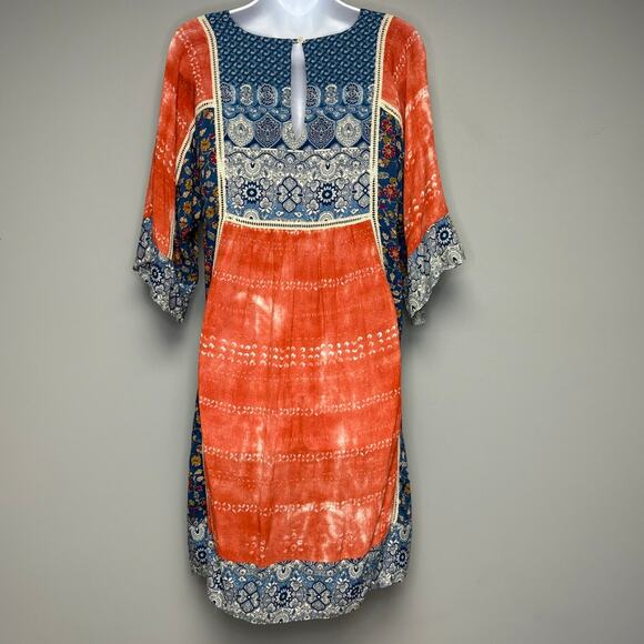 Sundance Boho Floral Lace Bell Sleeve V-Neck Patchwork Midi Shift Dress Sz S - Picture 3 of 6